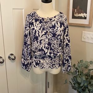 Lilly Pulitzer Trisha Feeling Groovy XS blue & white 100% silk peplum blouse